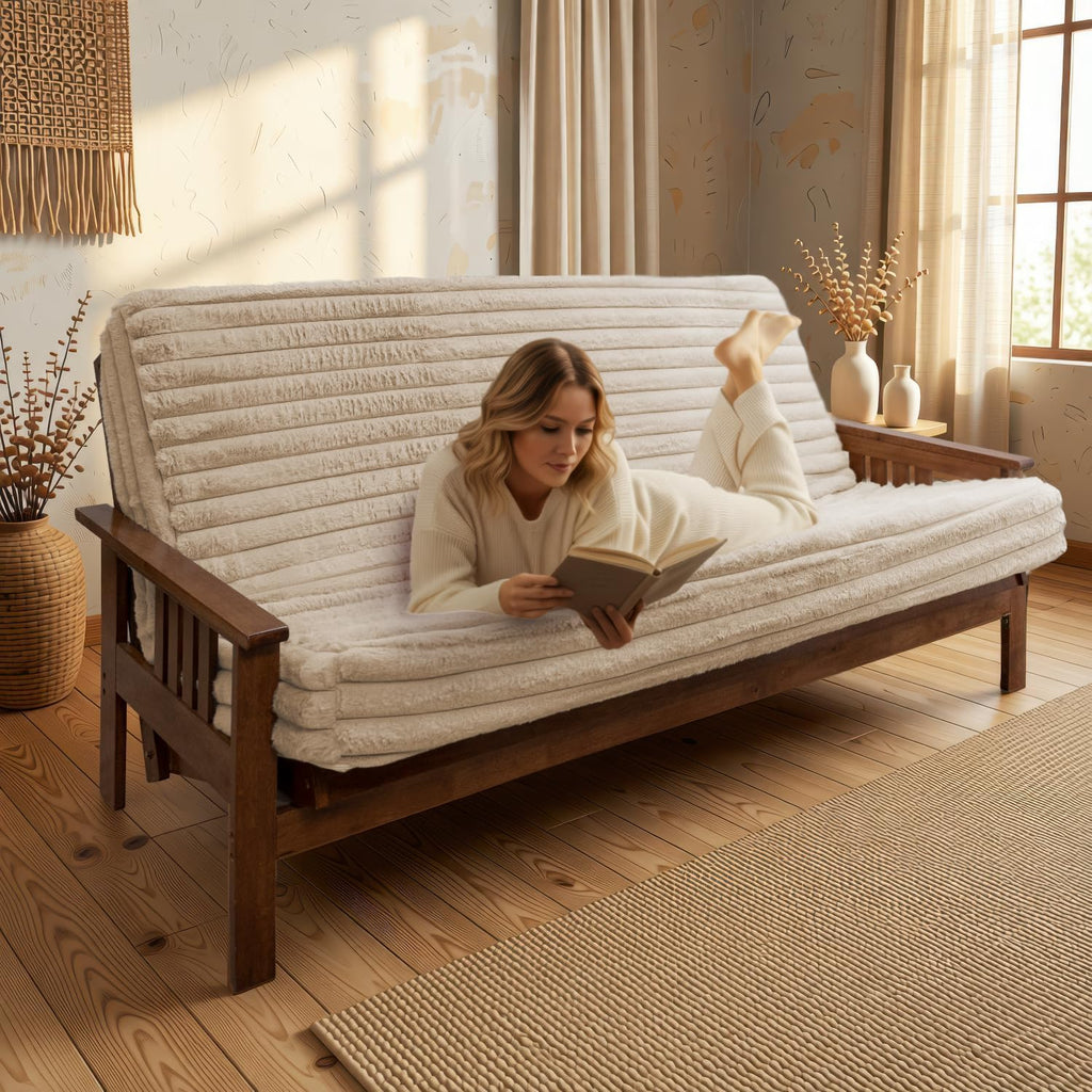 Matini Home Memory Foam Futon Mattress, Foldout Couch Futon Mattress - 6x54x74 (Beige) - Plush Faux Fur Fabric Comfortable and Heavy Duty Sofa Bed, Thick Corded Cushion for All (Frame NOT Included)