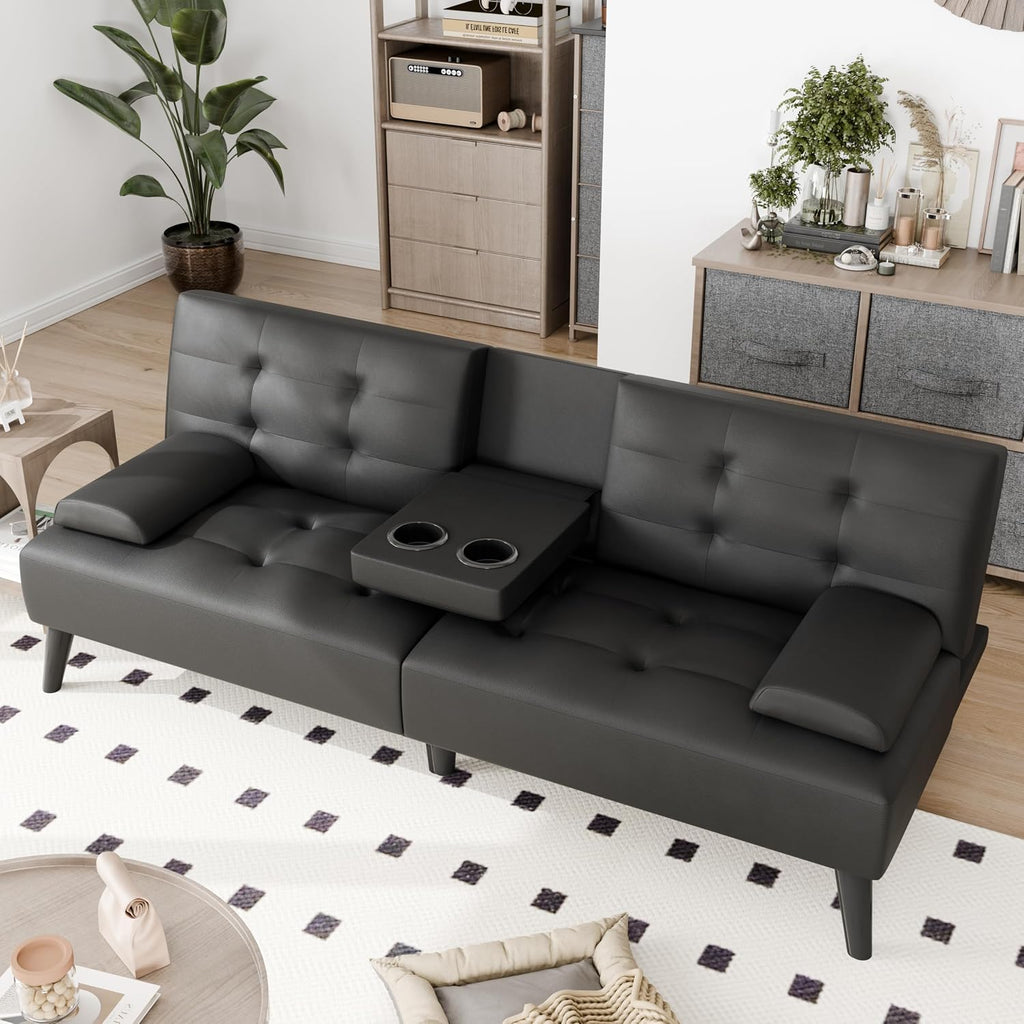 JAMFLY Futon Sofa Bed, Modern Convertible Folding Loveseat - Multi-Functional Recliner with 3-Angle Adjustment, Detachable Armrests with Cup Holders - Ideal for Small Spaces, Black Leather