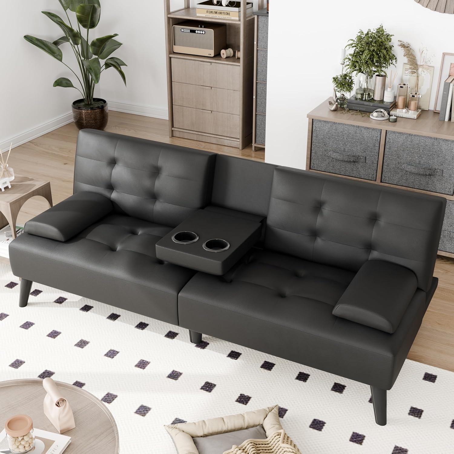 JAMFLY Futon Sofa Bed, Modern Convertible Folding Loveseat - Multi-Functional Recliner with 3-Angle Adjustment, Detachable Armrests with Cup Holders - Ideal for Small Spaces, Black Leather