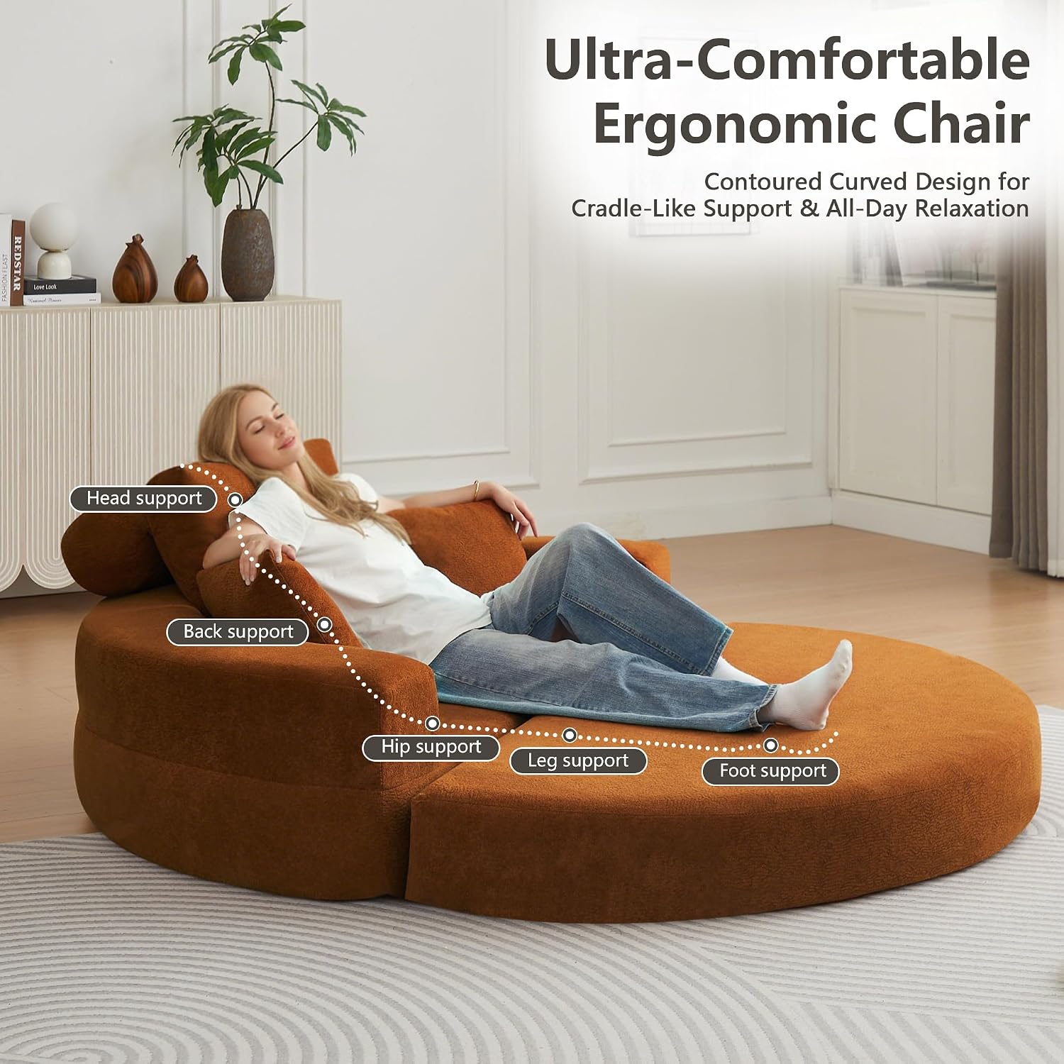 71' Boneless Couch Sofa Bed Oversized Round Couch 2-in-1 Foldable Floor Loveseat Sofa for Living Room and Apartment No Assembly (Orange, 71')
