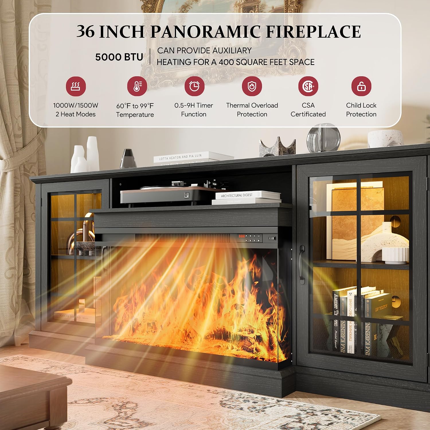 MXV 70'' Fireplace TV Stand, Farmhouse Entertainment Center with 3 Sided Glass TV Stand, Modern Media Console Table with Storage Drawers & Cabinets with LED Flame and Lights for Living Room, Black