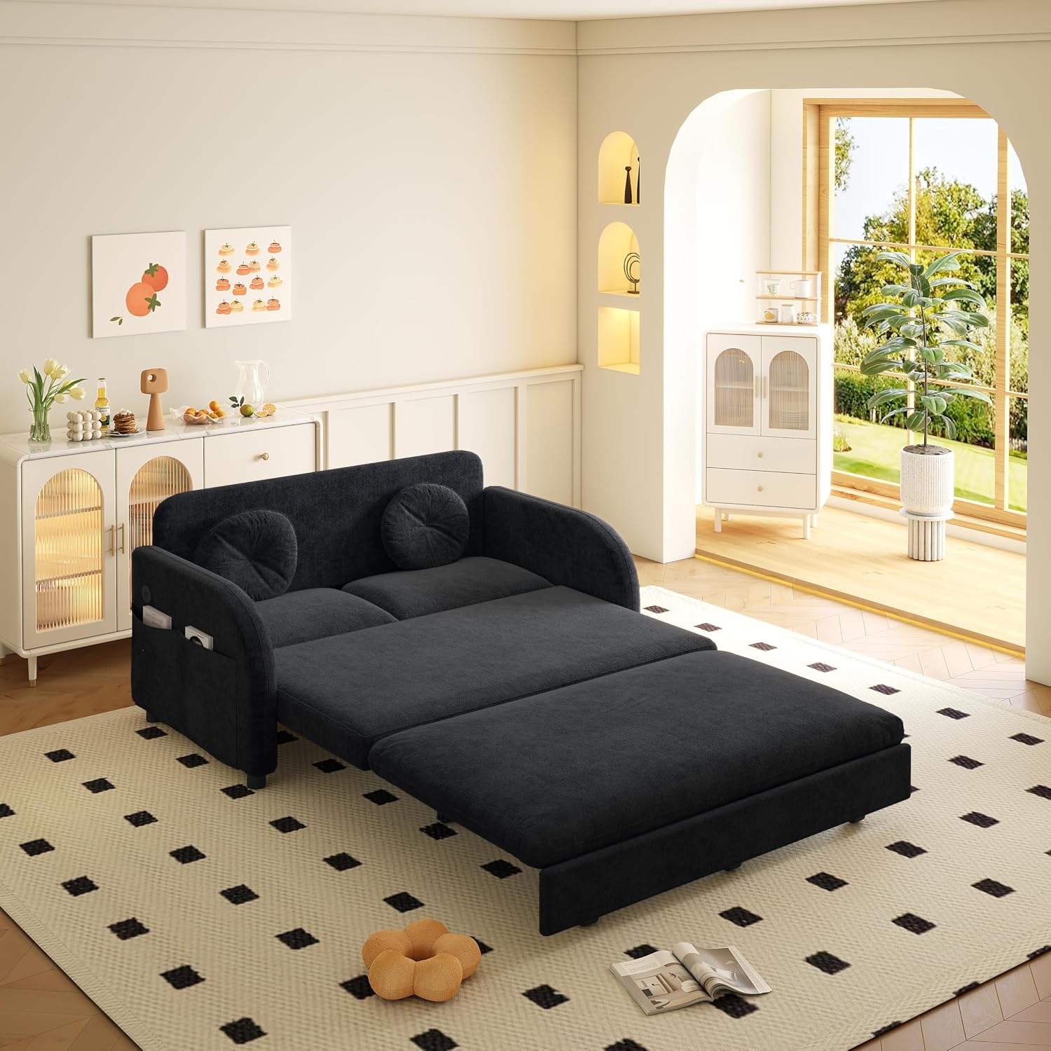 52.4'' Pull Out Couch Full-Size, Futon Sofa Bed, Convertible Sleeper Sofa Bed with USB Port, Storage Pockets, 2 Pillows, Modern Chenille Loveseat Couches for Living Room, Small Space, Black