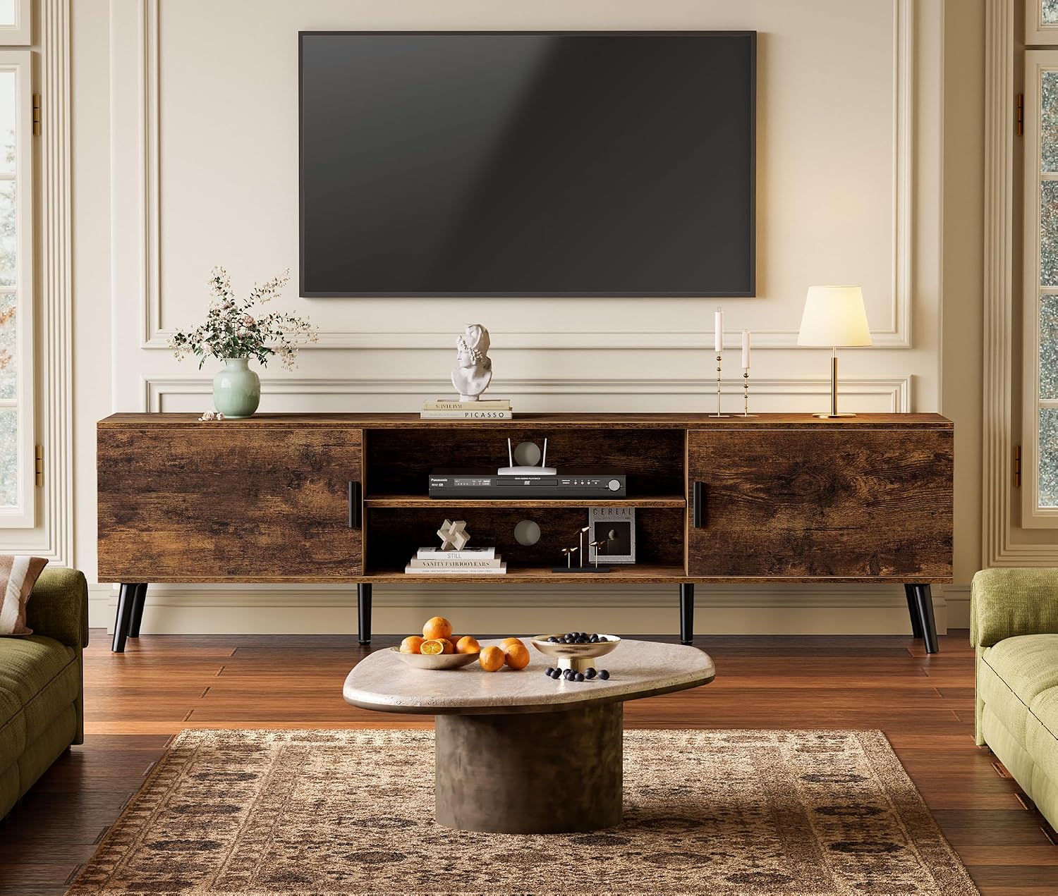 SUPERJARE TV Stand for 55, 65 Inch TV, 63 Inch Entertainment Center with Adjustable Shelf, 2 Cabinets, TV Console Table, Media Console, Solid Wood Feet, 4 Cord Holes, for Living Room, Rustic Brown