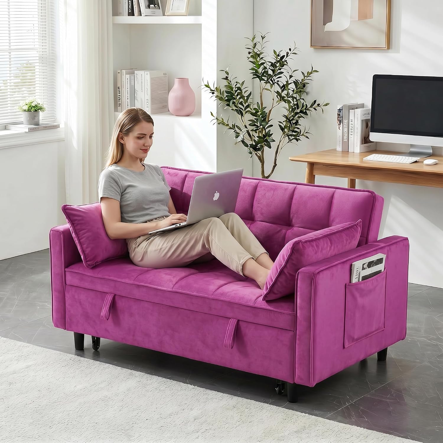3 in 1 Convertible Sofa Bed, Loveseat Sleeper Sofa with Large Side Pockets, Pull Out Couch with Adjustable Backrest, Easy Assembly, Velvet Couch Bed for Small Spaces, Apartment, Deep Pink