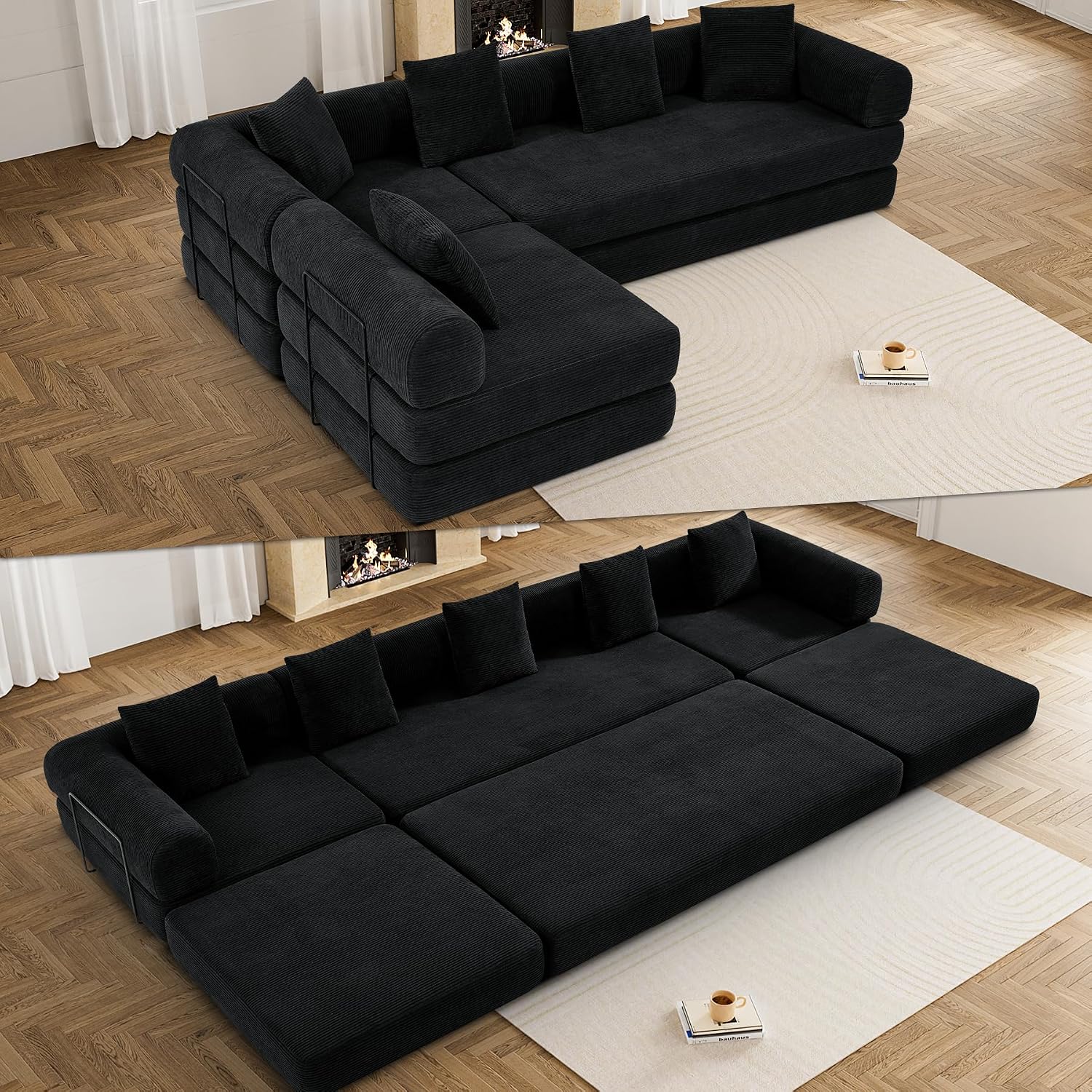 DAMAIFROM Convertible Sleeper Sofa Bed with Cylindrical Pillow,Corduroy Folding Mattress Couch with Fixed-Shape Frame,Modular Floor Sofa Lounge Couch for Living Room Bedroom Lounge,158.6',Black
