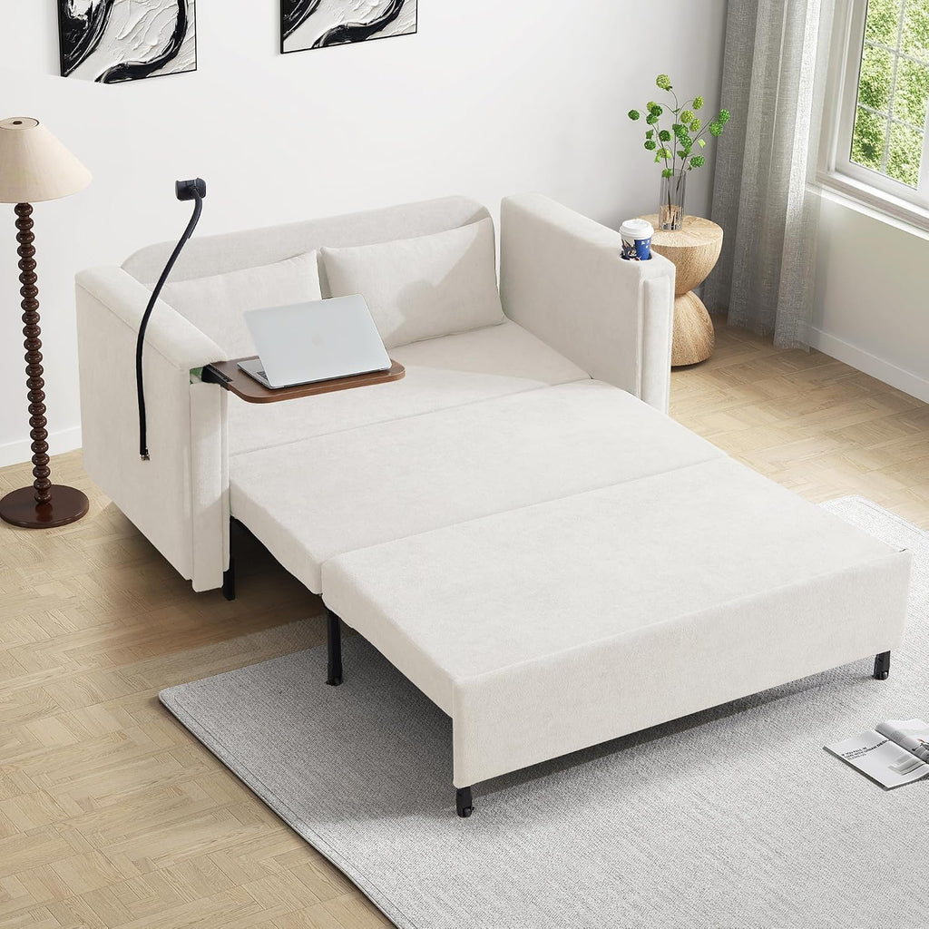 3-in-1 Convertible Sleeper Sofa Couch with Pullout Bed, Loveseat Sleeper Sofa Bed with Hidden Side Table, 56' Full Size Folding Futon Couch for Living Room Guest Room Apartment Home Office (Beige)