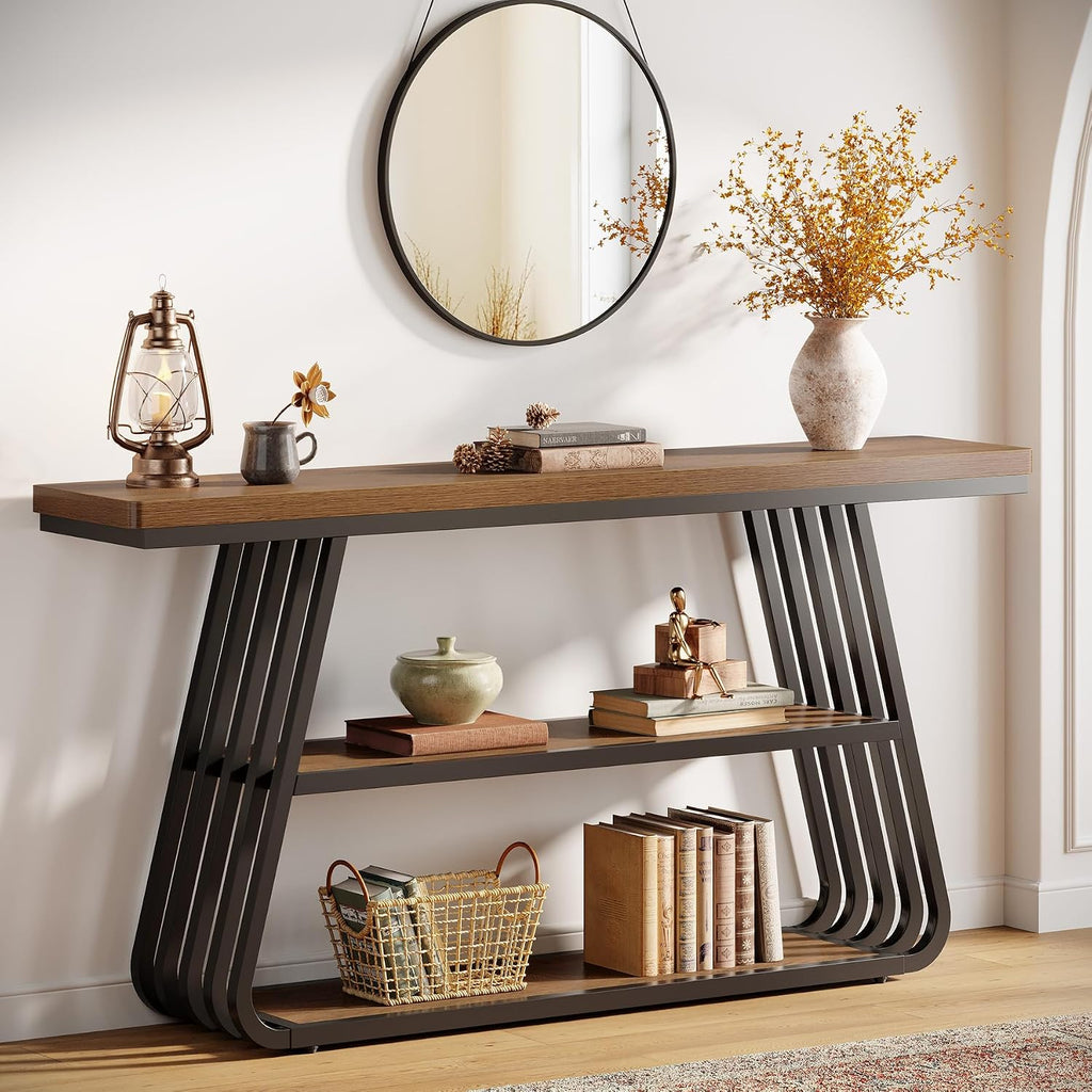 Tribesigns 55' Entryway Table with Shelves, 3-Tier Console Table Sofa Table with Iron Frame, Wooden Entry Table for Living Room, Foyer, Hallway, Industrial Style