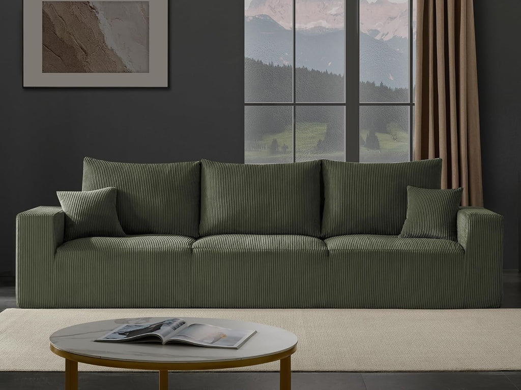 Gericco 113' Modular Sectional Couch, Cloud Boneless Sofa with Deep Seats, Upholstered Corduroy Sleeper Sofa Bed with 3-Seater for Living Room, No Assembly Required, Green