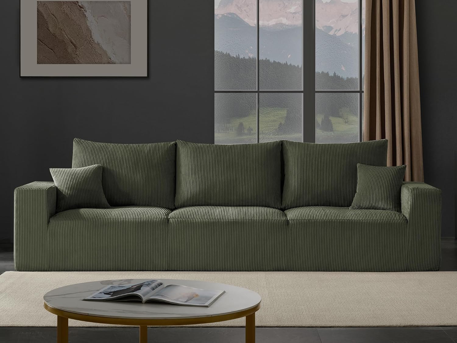Gericco 113' Modular Sectional Couch, Cloud Boneless Sofa with Deep Seats, Upholstered Corduroy Sleeper Sofa Bed with 3-Seater for Living Room, No Assembly Required, Green
