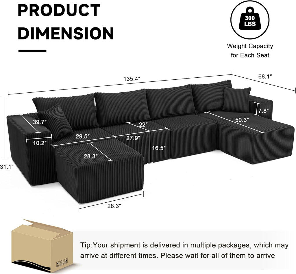 Weture 135.4' Cloud Couch Sectional, Modular Sectional Sofa with Deep Seat, Plush Corduroy U Shaped Boneless Couch, Convertible Sectional Couches for Living Room, 6Seat, Black