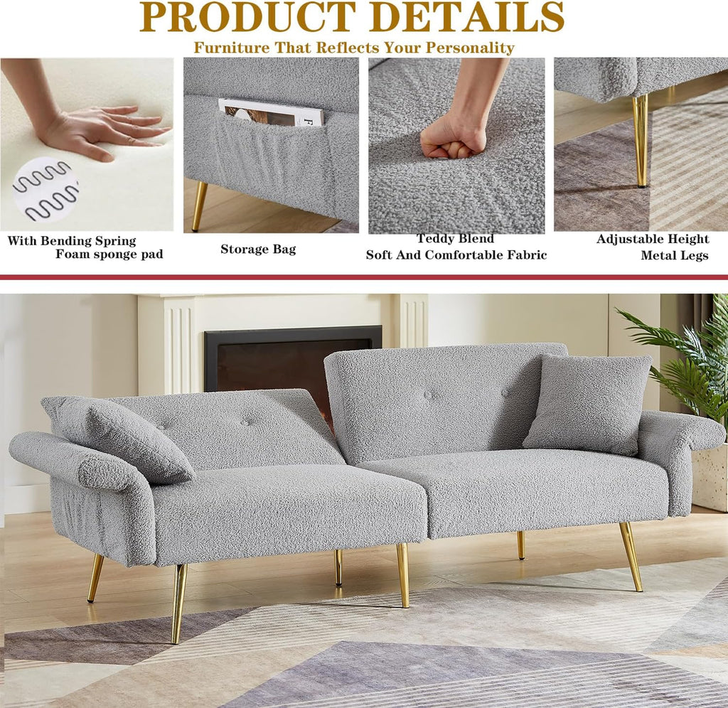 69.5' Grey Convertible Futon Sofa Bed with Adjustable Backrest and Armrests, Teddy Upholstered Loveseat Sleeper Couch with 2 Pillows and Metal Legs Love Seat for Guest Room Living Room (Grey)