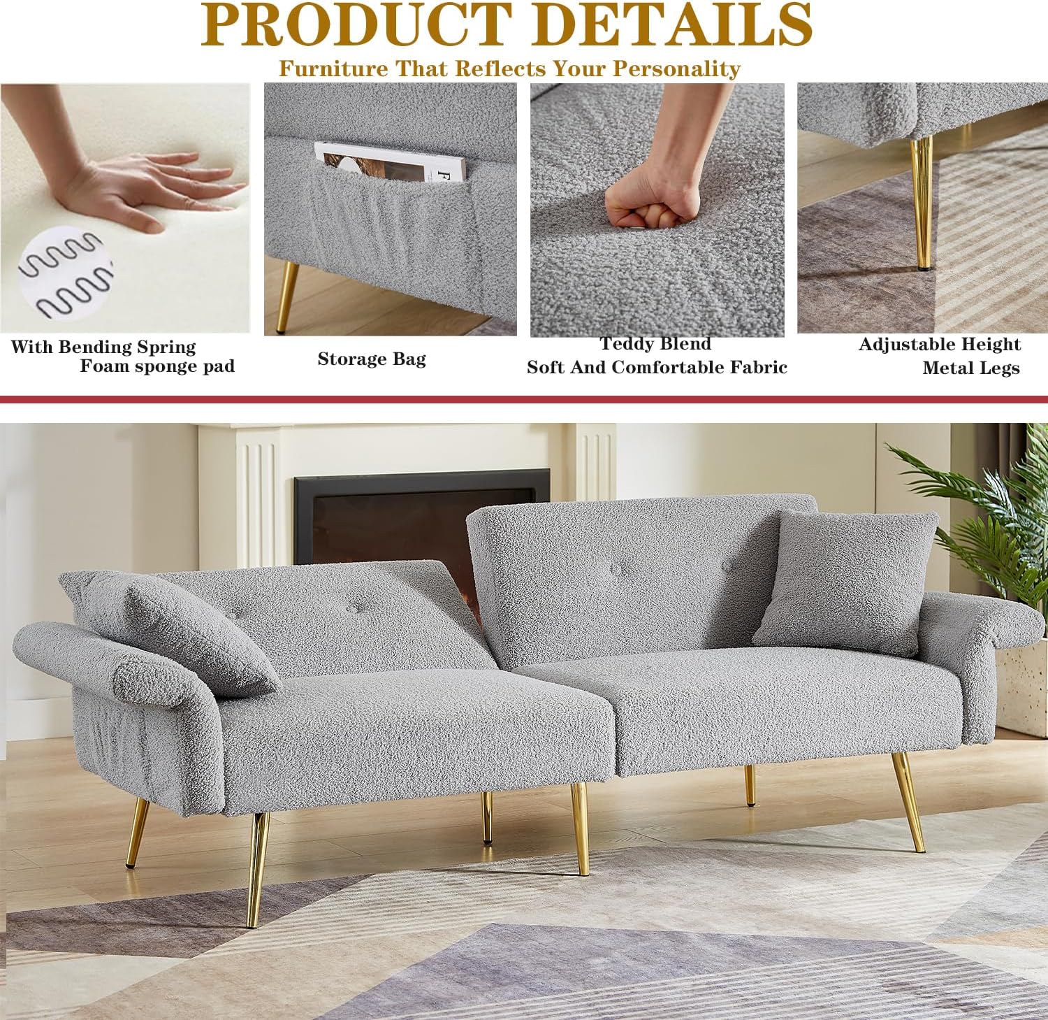 69.5' Grey Convertible Futon Sofa Bed with Adjustable Backrest and Armrests, Teddy Upholstered Loveseat Sleeper Couch with 2 Pillows and Metal Legs Love Seat for Guest Room Living Room (Grey)