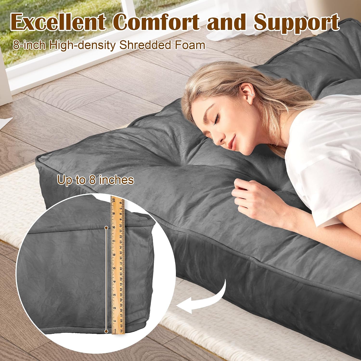 8' Futon Mattress Full Size 54' x 80', Thick Futon Sofa Couch Bed for Adults, Velvet Floor Futon Mattress Shredded Foam Filling, Tatami Sleeping Mat for Camping, Dorm, Dark Gray(Frame Not Included)