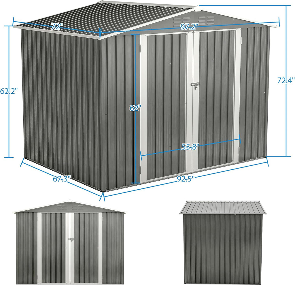 8 x 6 FT Outdoor Storage Shed, Metal Garden Shed with Floor Frame, Tool Shed Outdoor Storage with Lockable Hinged Doors & Air Vents, Storage House Waterproof for Backyard, Lawn, Gray