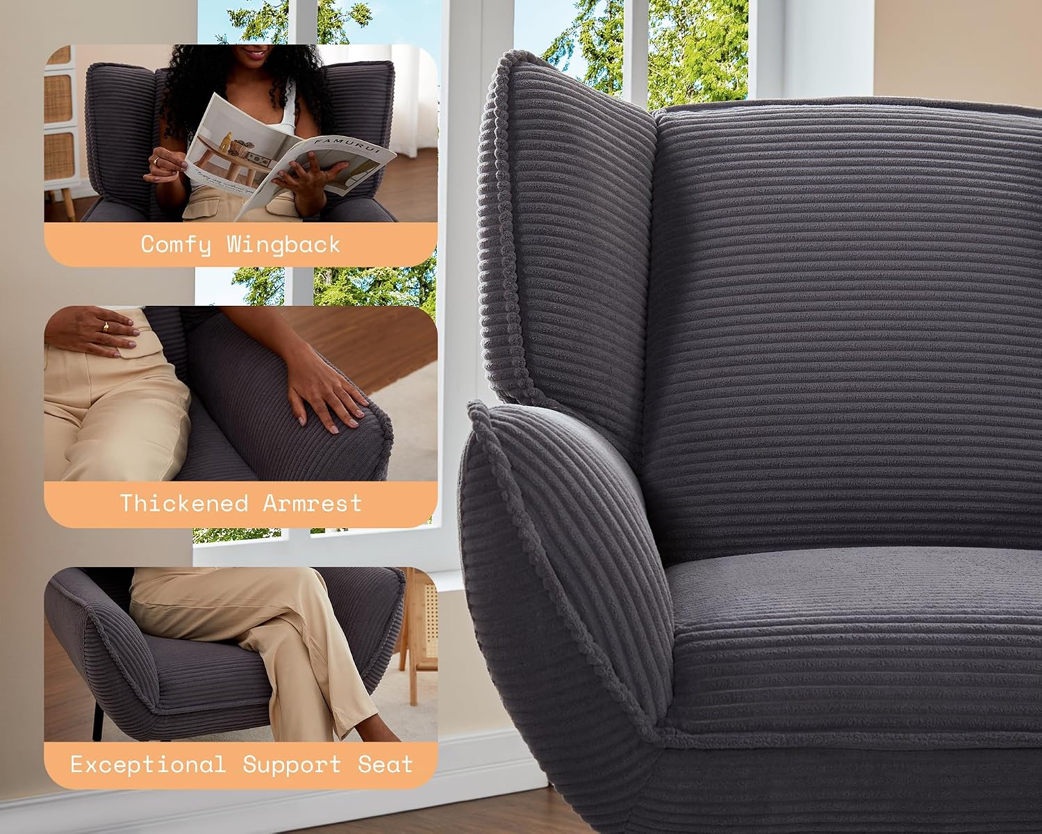 AMERLIFE 89 inch Sofa, 3 Seater Sofa Chair Set, 3 Chairs and Sofa Set, Comfy Sofa Couch with Extra Deep Seats, Grey Corduroy