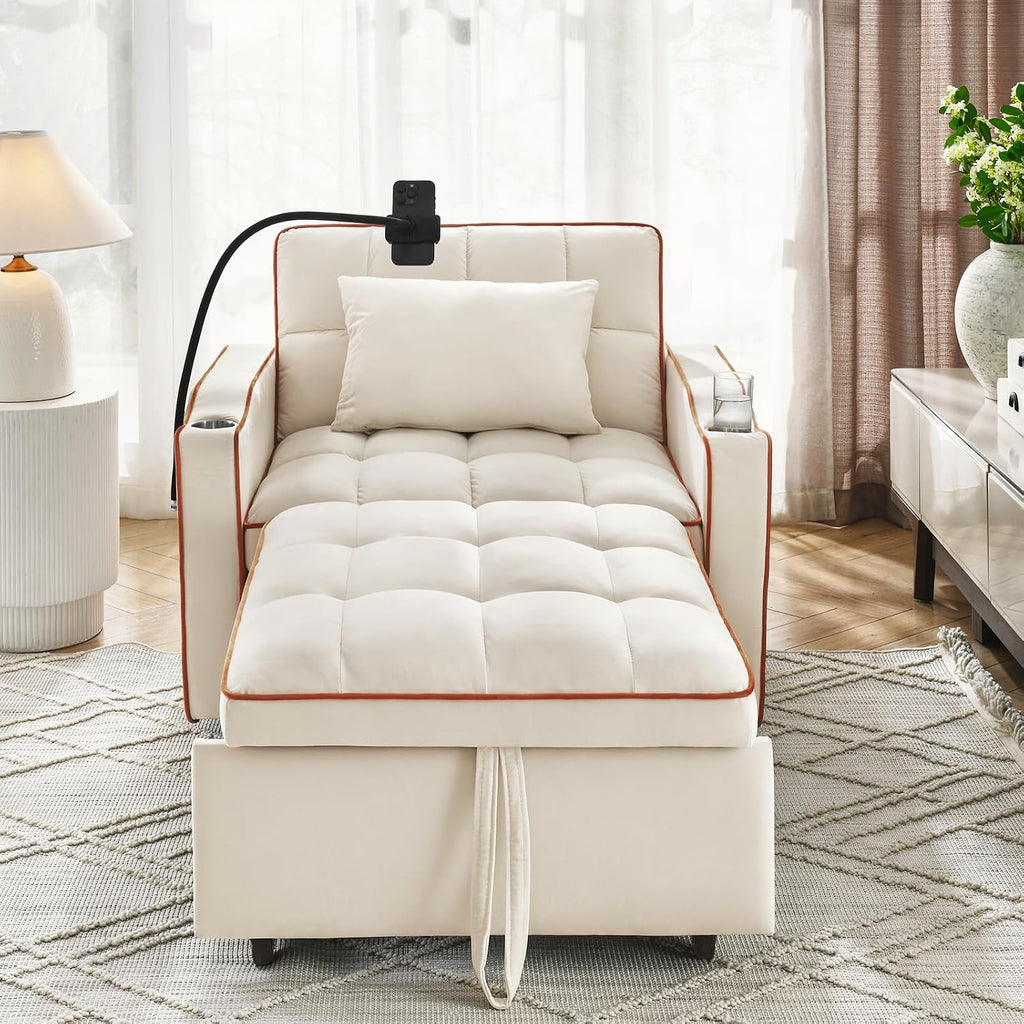 3 in 1 Convertible Sleeper Chair Bed with USB Ports, Cup Holder and Phone Stand, Velvet Pull Out Futon Sofa Beds, Adjustable Backrest Single Sofa Chair for Small Spaces, Living Room, Office (Beige)