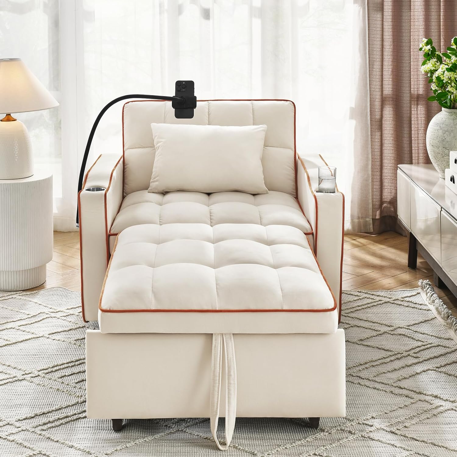 3 in 1 Convertible Sleeper Chair Bed with USB Ports, Cup Holder and Phone Stand, Velvet Pull Out Futon Sofa Beds, Adjustable Backrest Single Sofa Chair for Small Spaces, Living Room, Office (Beige)
