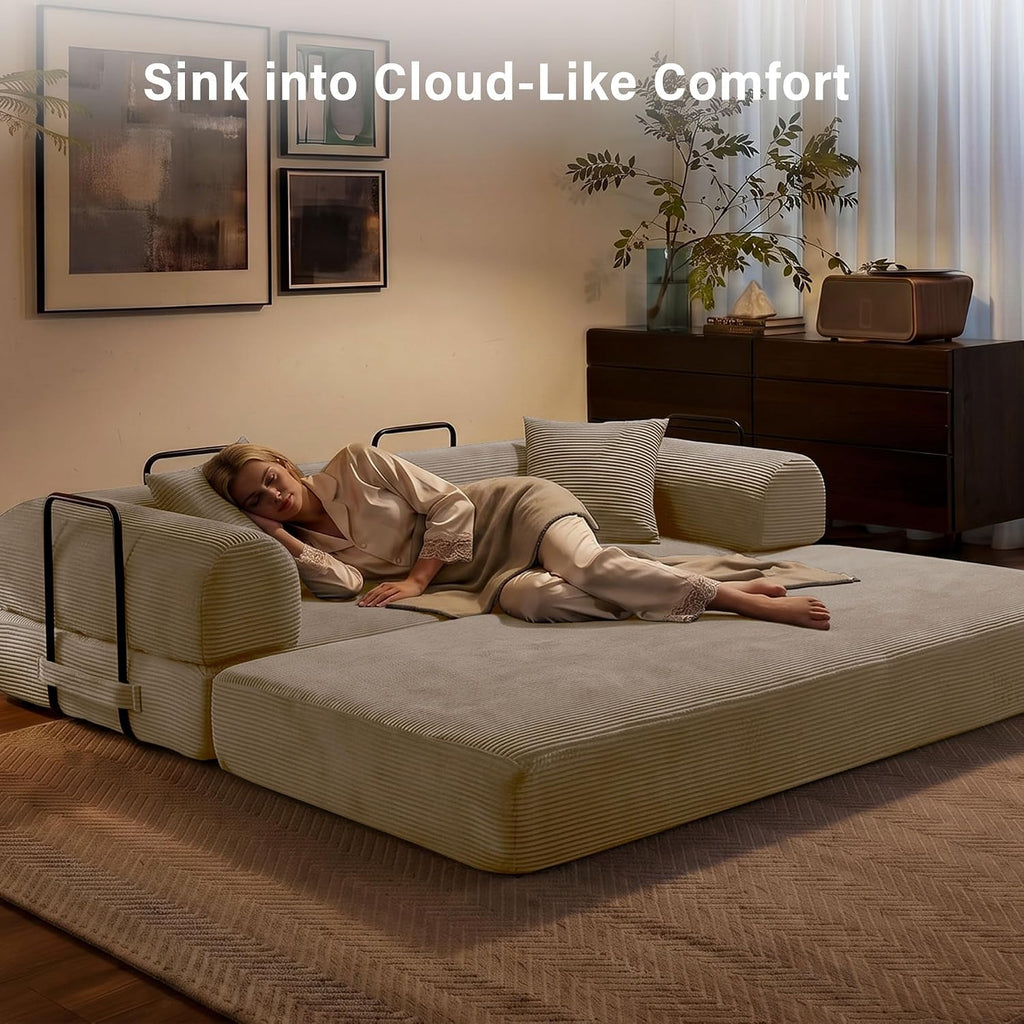 79' Convertible Sofa Bed, 5-in-1 Corduroy Boneless Couch Bed Sofa Pull Out, Memory Foam Couch, No Assembly Futon Couches for Living Room (Beige)