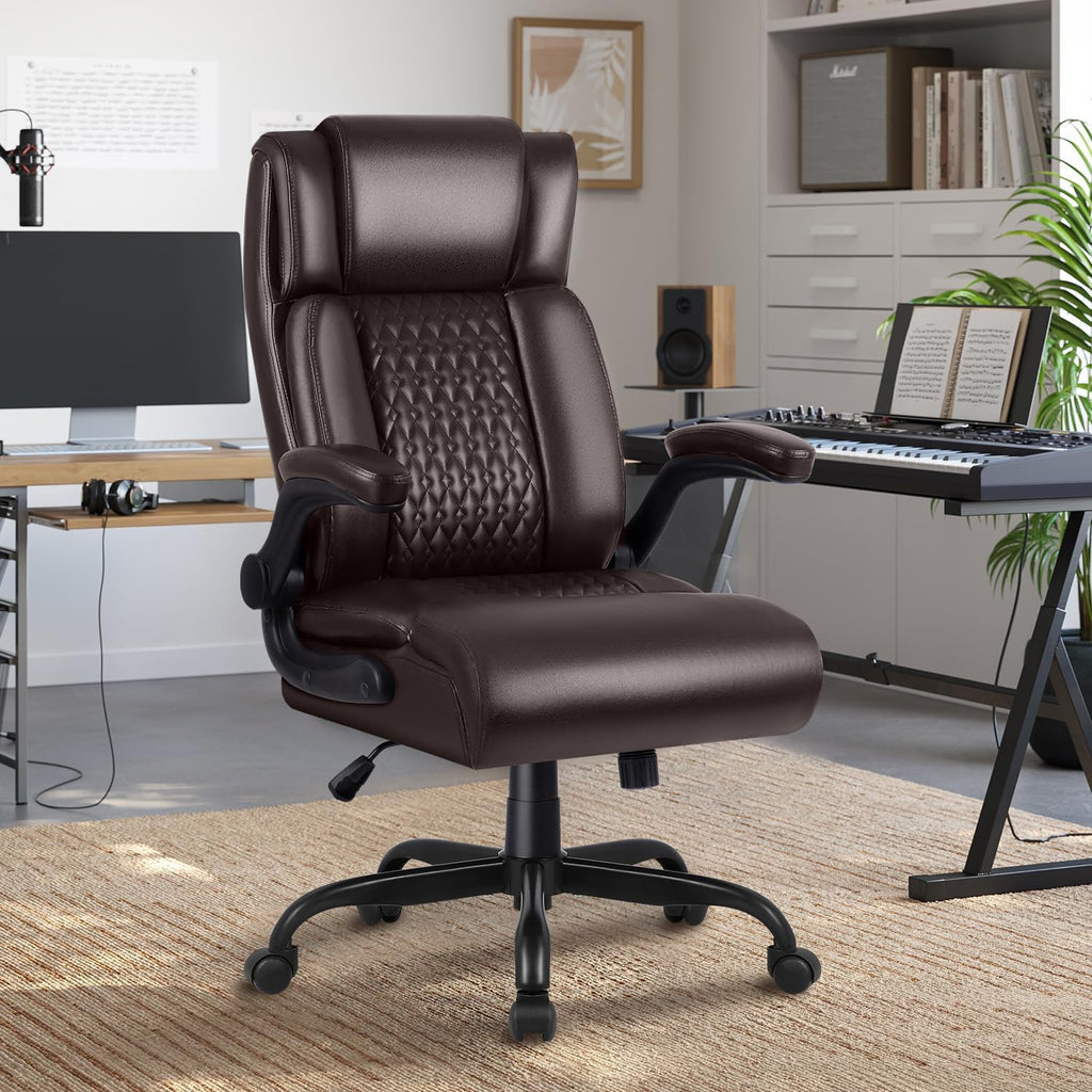 OFIKA Executive Office Chair Heavy Duty Office Chair Padded Flip Up Armrest, Computer Gaming Chair PU Leather Desk Chair, High Back Big and Tall Office Chair with Lumbar Support (Brown)
