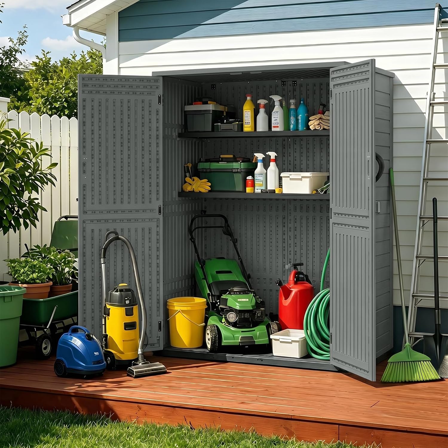 ZYJOYY 4.5 x 5.7 FT Outdoor Storage Shed, 59 Cuft Outside Waterproof Storage Cabinet, HDPE Resin Plastic 385 Gallon Outdoor Storage Container, Vertical Lockable Storage Shed, Grey