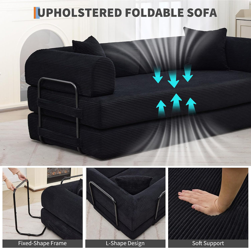 IDEALHOUSE 4 in 1 Convertible Sleeper Sofa Bed Couch, 79 Inch Boneless Corduroy Floor Couch with Pillows, No Assembly, Modern Deep Seat Sofa Futon Mattress for Living Room,Apartment,Black