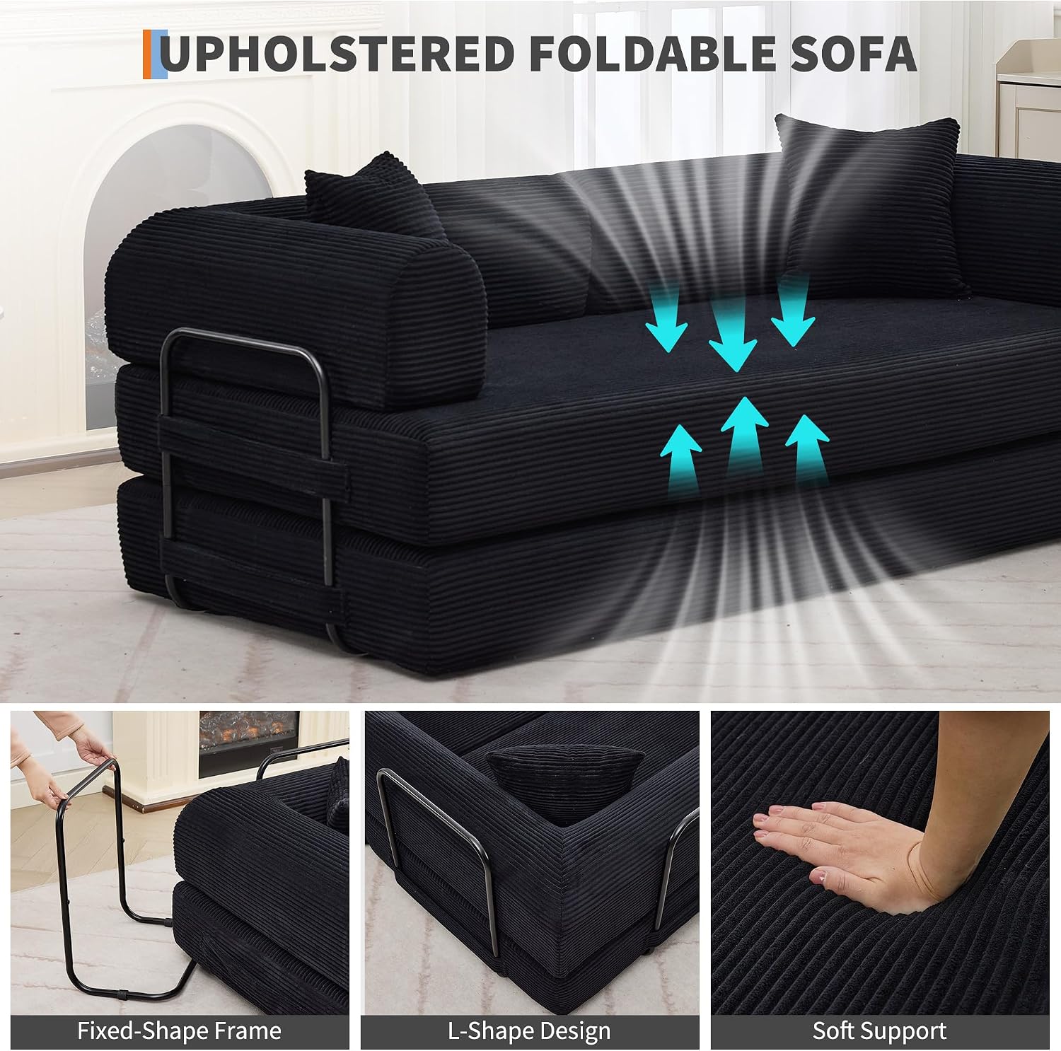 IDEALHOUSE 4 in 1 Convertible Sleeper Sofa Bed Couch, 79 Inch Boneless Corduroy Floor Couch with Pillows, No Assembly, Modern Deep Seat Sofa Futon Mattress for Living Room,Apartment,Black