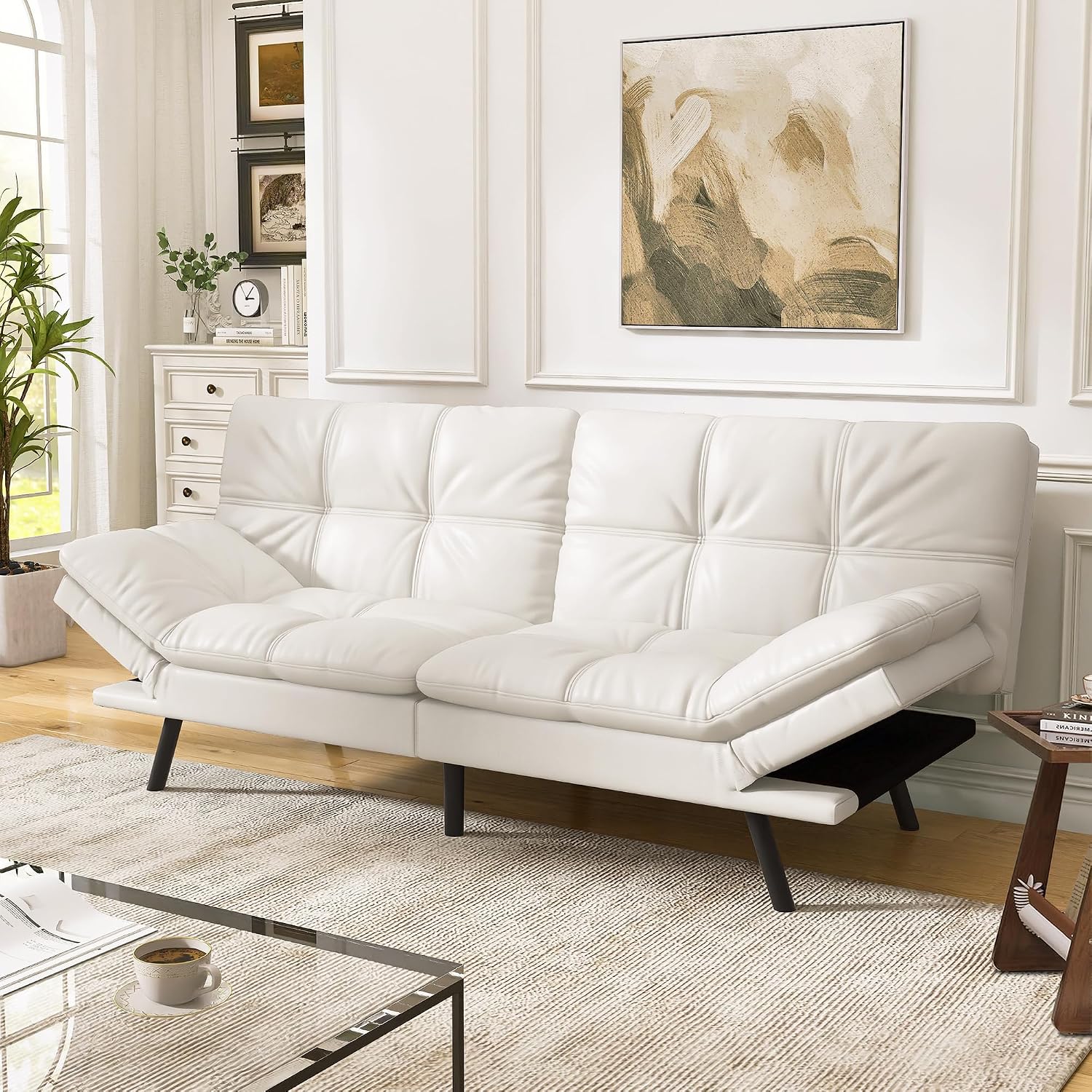 Convertible Faux Leather Futon Sofa Bed,Memory Foam Futon Couch,Small Splitback Modern Folding Loveseat Sleeper Sofa Couches for Living Room,Office,Apartment,White