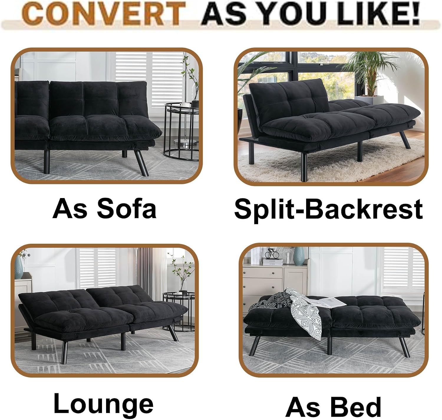 Anwick Velvet Convertible Futon Sofa Bed,71' Modern Comfy Loveseat Sleeper Sofa with Adjustable Backrest Armrest,Folding Futon Sleeper Recliner for Living Room,Office,Apartment (Black)