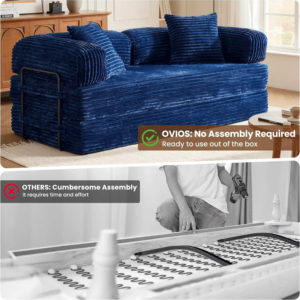 ovios 81' Folding Sofa Bed, Foldable Sleeper Boneless Couch with Pull Out Beds, Modular Convertible Floor Futon Loveseat Lounger for Living Room (Faux Fur, Blue)