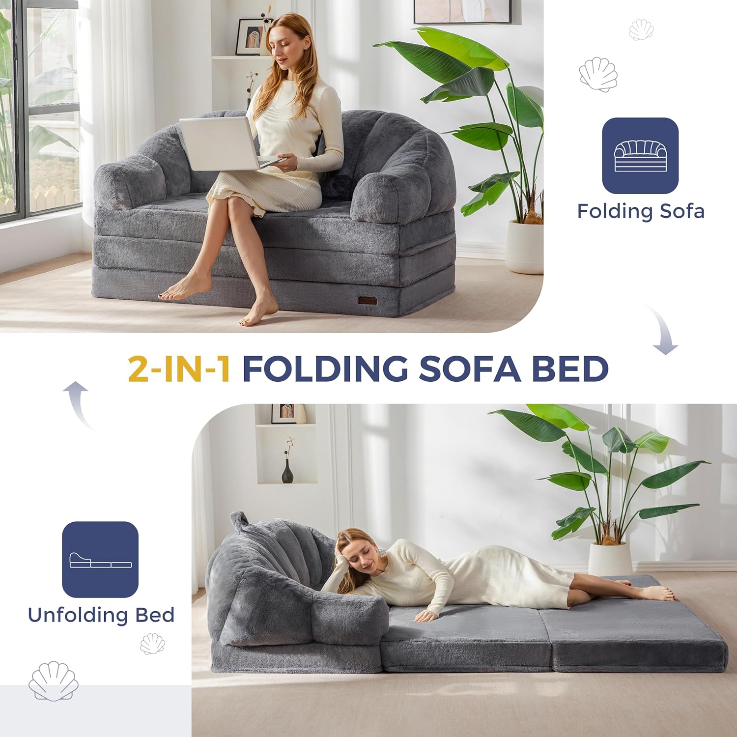 MAXYOYO Folding Sofa Bed, 2 in 1 Convertible Sofa to Lounger Comfy Loveseat Bean Bag Chair for Adults, Floor Sleeper Couch with Handle, Faux Fur Couch Bed for Living Room Bedroom, Grey, Loveseat