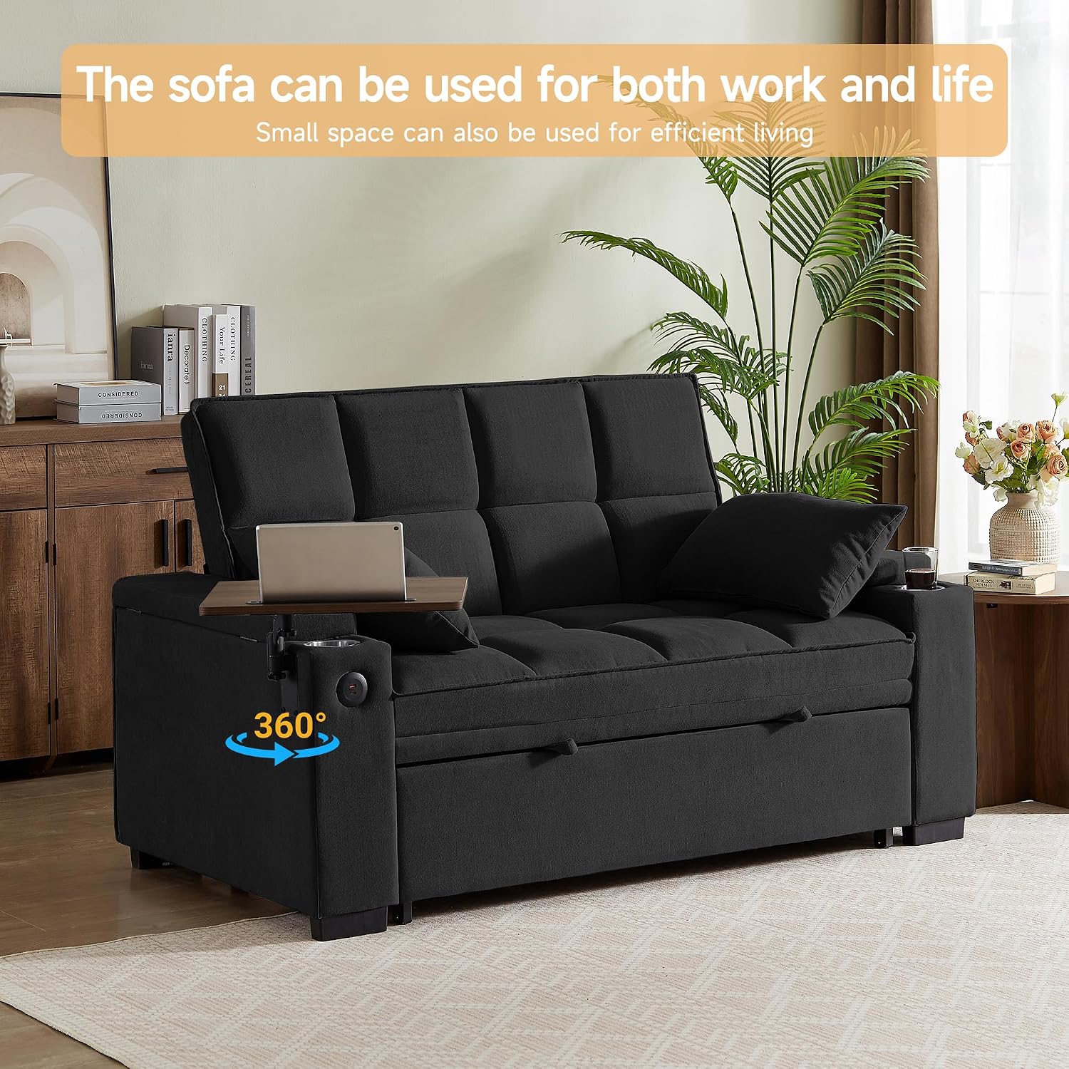 hansones 66' Multi-Functional Pull-Out Sofa Bed with Hidden Side Table, Storage Armrests, Built-in Charging Port, Spring Mattress, Solid Wood Frame – Ideal for Small Spaces, Easy Assembly