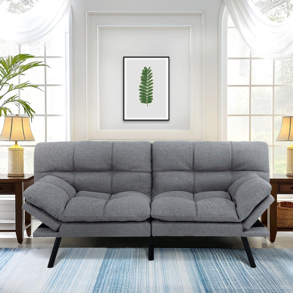 MUUEGM 71' Futon Sofa Bed, Convertible Couch Bed, Modern Loveseat with Adjustable Backrest&Armrest, Sofas for Living Room,Game Room,Dormitory,Office.Light Grey Fabric