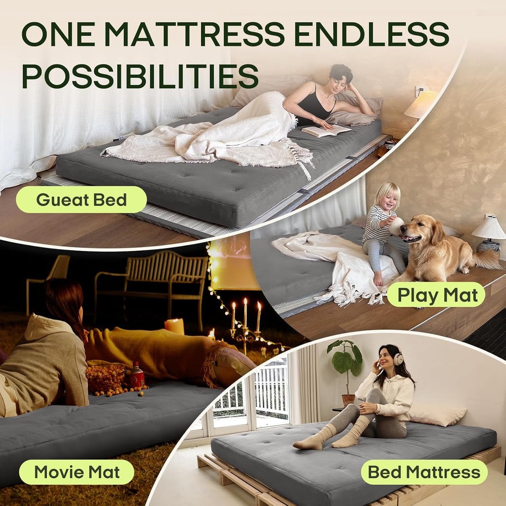 ZonLi Japanese Floor Futon Mattress Twin Size 39'x 75',100% Cotton Cover 6'' Thicken Tatami Mattress,Foldable Sleeping Pad,Portable Dormitory Tatami Mat,Roll Up Floor Lounger Bed for Adult (Grey)