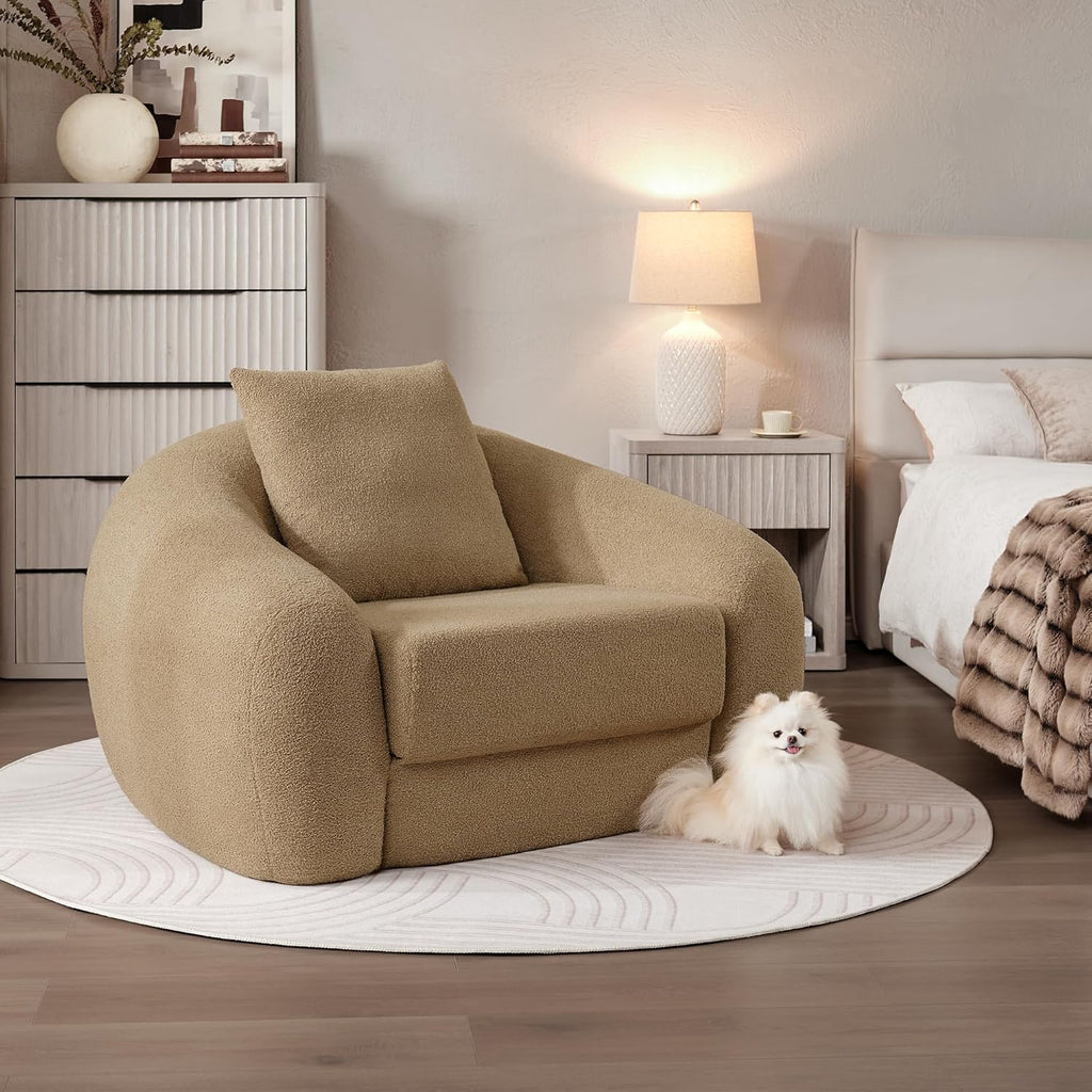 SICOTAS 49.9' Curved Convertible Sofa Couch Bed for Living Room Futon Cloud Boneless Sleeper Chair Pull Out Floor Couch with Deep Seat Single Sofa Foam Lounger No Assembly for Bedroom Apartment, Brown