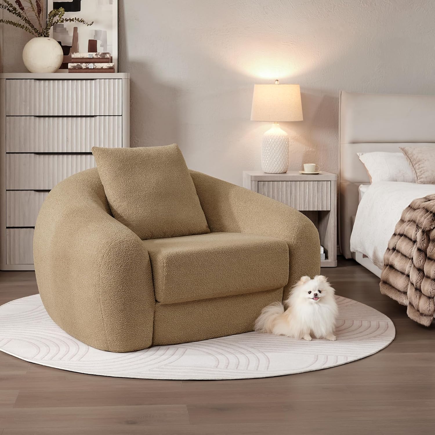SICOTAS 49.9' Curved Convertible Sofa Couch Bed for Living Room Futon Cloud Boneless Sleeper Chair Pull Out Floor Couch with Deep Seat Single Sofa Foam Lounger No Assembly for Bedroom Apartment, Brown