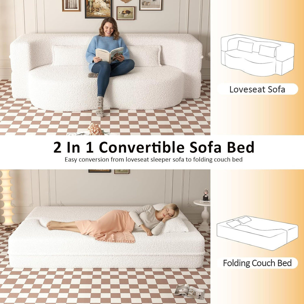 CAPCAEK Folding Sofa Bed,15' Full Size Boneless Couch for Living Room, Convertible Teddy Fabric Foam-Filled Sleeper Futon Loveseat Couch for Living Room, Guest Use, Office, Apartmen (Beige)