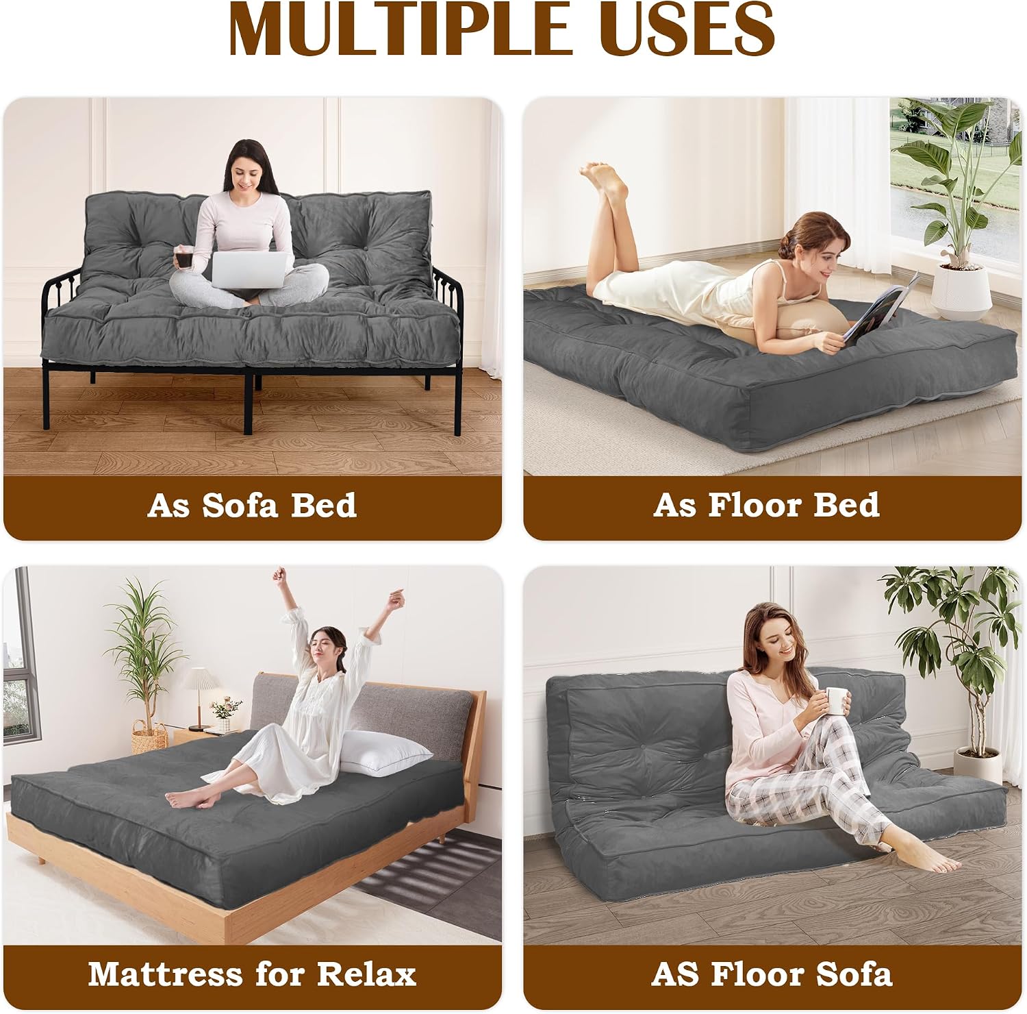 8' Futon Mattress Full Size 54' x 80', Thick Futon Sofa Couch Bed for Adults, Velvet Floor Futon Mattress Shredded Foam Filling, Tatami Sleeping Mat for Camping, Dorm, Dark Gray(Frame Not Included)
