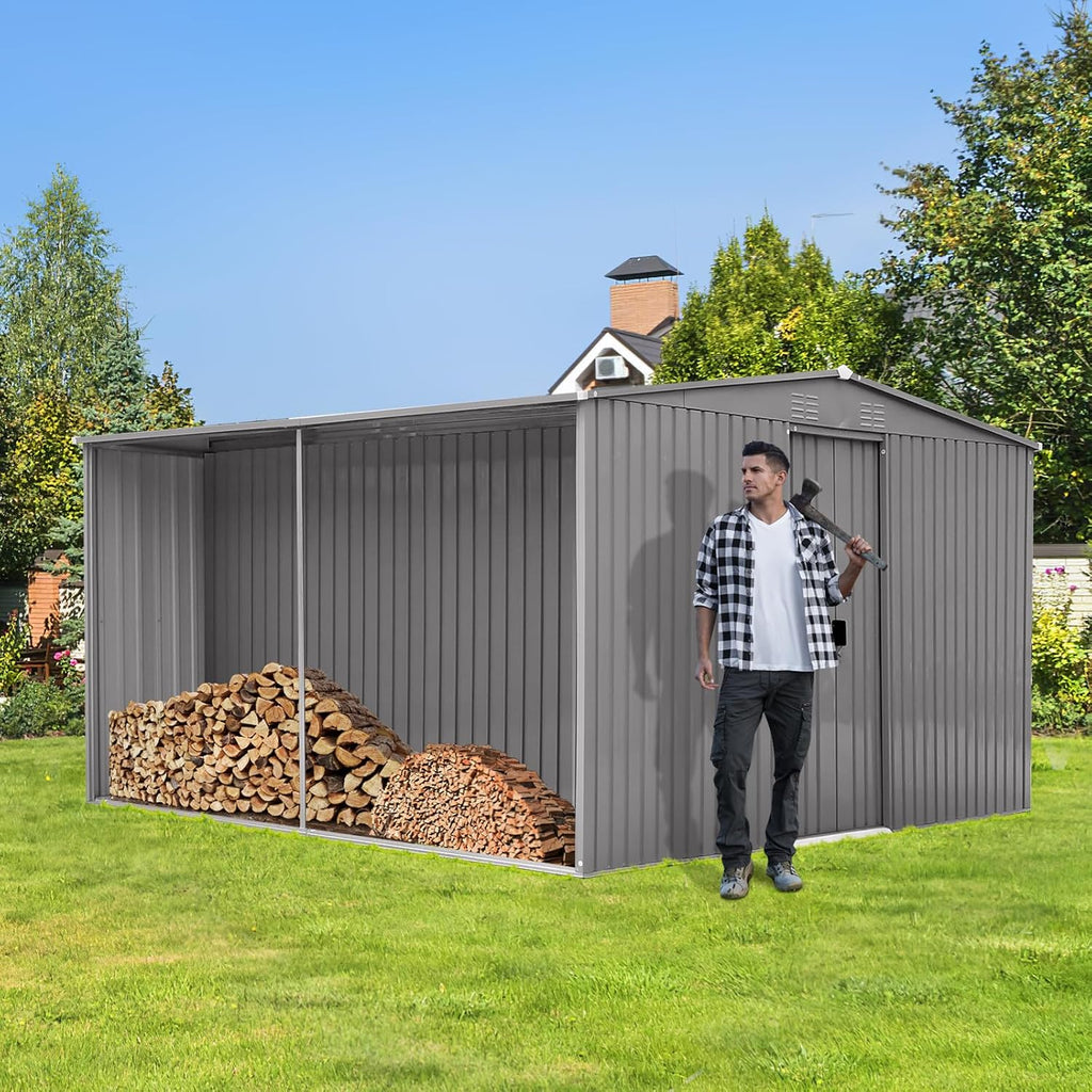 YOPTO 12x14 FT Sheds & Outdoor Storage,Metal Waterproof Firewood Shed with 2 Integrated Punched Vents,2-in-1Heavy-Duty Garden Tool House w/Window & Door,Shelter for Wood,Bicycles,Grey