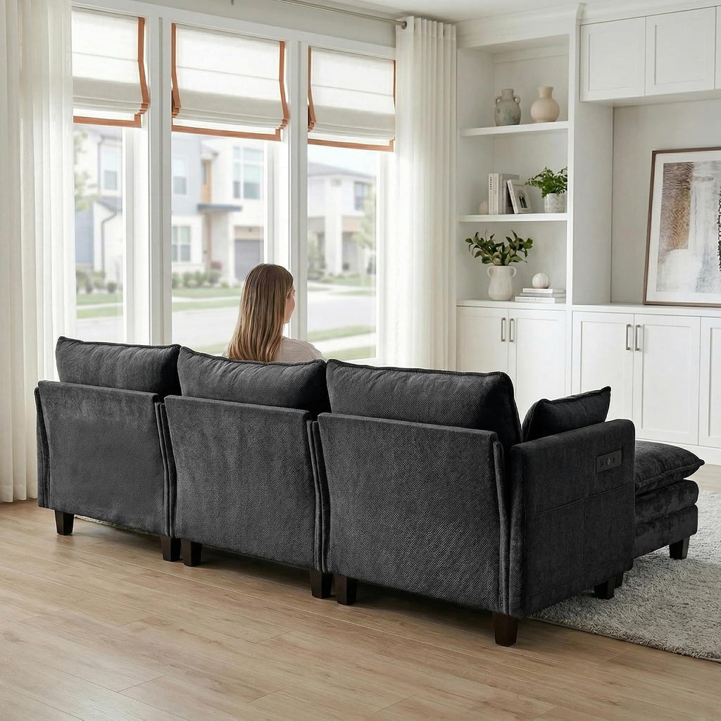Eafurn Modular Sectional Sofa with Movable Ottomans for Living Room, 4 Seater Convertible U Shaped Sectional Couch Modern Reversible Chenille Sofa Set w/USB Ports and Side Pockets