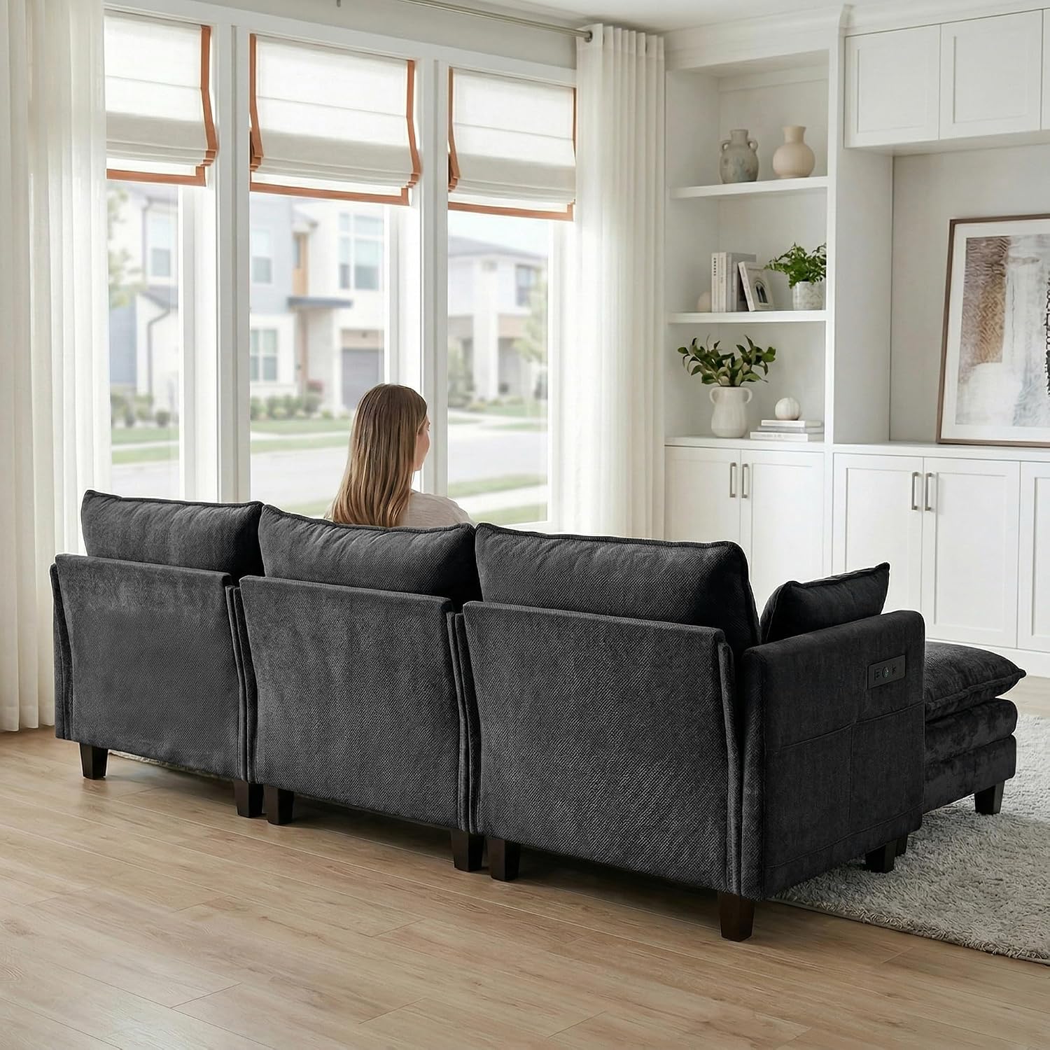 Eafurn Modular Sectional Sofa with Movable Ottomans for Living Room, 4 Seater Convertible U Shaped Sectional Couch Modern Reversible Chenille Sofa Set w/USB Ports and Side Pockets