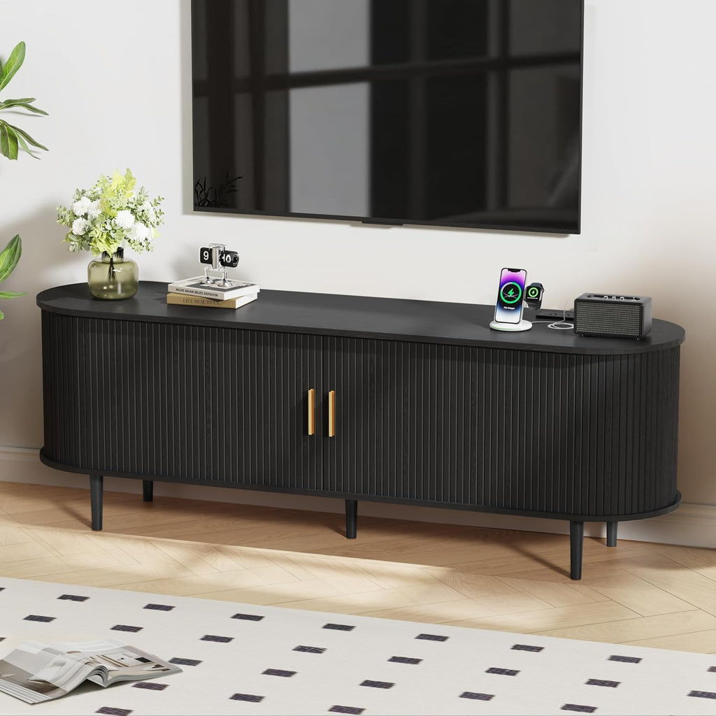 DHH 63 Inch Mid Century Modern TV Stand with Power Outlet for TVs up to 70 Inch, Entertainment Center with Storage and Adjustable Shelves, Media Console with Sliding Doors for Living Room(Black)