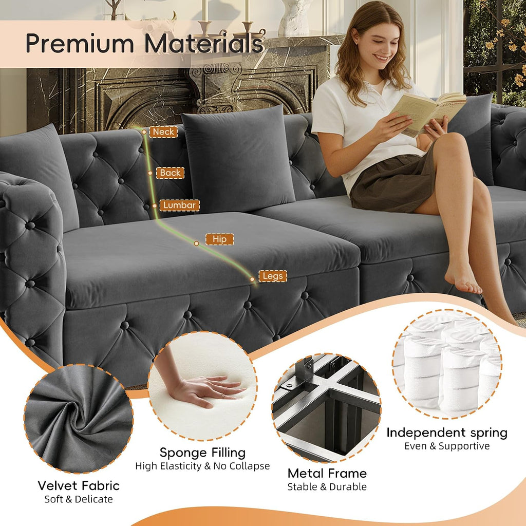 89' Pull Out Sofa Bed King Size, Velvet Chesterfield Sleeper Sofa Couch, 3 in 1 Convertible Recliner, Modern Tufted Deep Seat Couches for Living Room, Small Space, Apartment, Concrete Gray