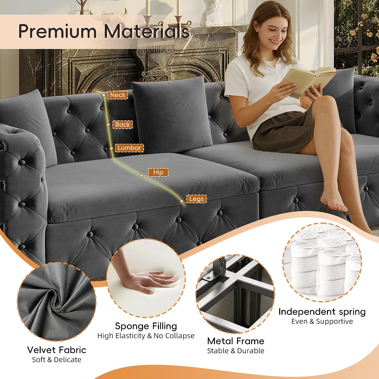 89' Pull Out Sofa Bed King Size, Velvet Chesterfield Sleeper Sofa Couch, 3 in 1 Convertible Recliner, Modern Tufted Deep Seat Couches for Living Room, Small Space, Apartment, Concrete Gray