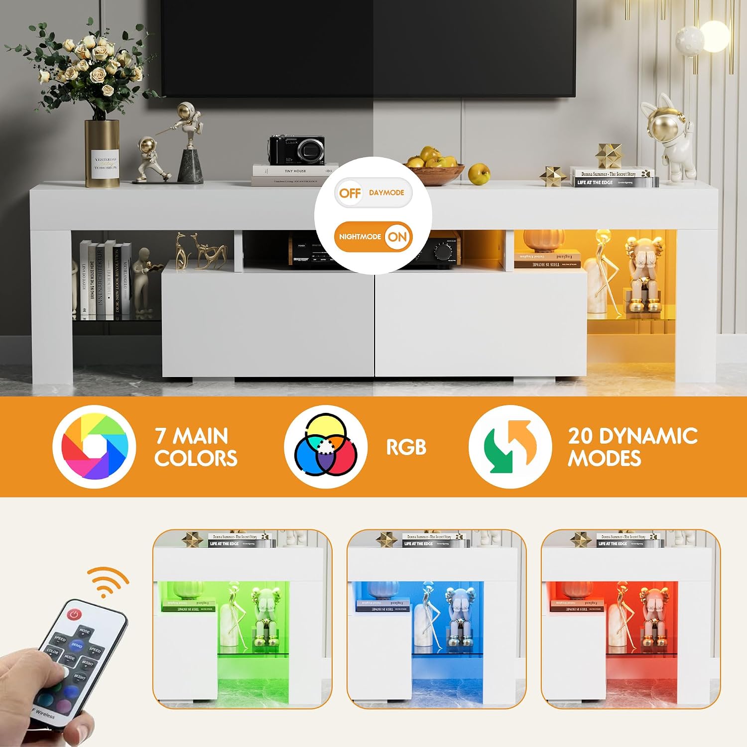 YESHOMY Modern LED TV Stand for Televisions up to 70 Inch with Glass Shelves and Drawer, Gaming Entertainment Center with Multiple Dynamic RGB Modes, for Livingroom, Bedroom, 60 Inch, White