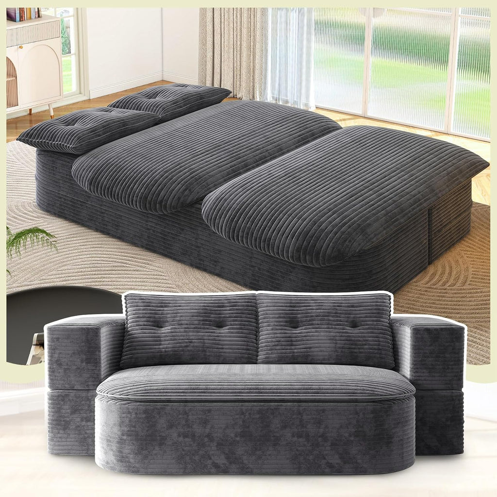 Convertible Sleeper Sofa, Modern 78-inch Folding Futon Corduroy Floor Foam Compression Loveseat Sofa Bed Couch, Foldable Full Size Guest Bed with 2 Pillows for Living Room Bedroom Apartment, Dark Grey