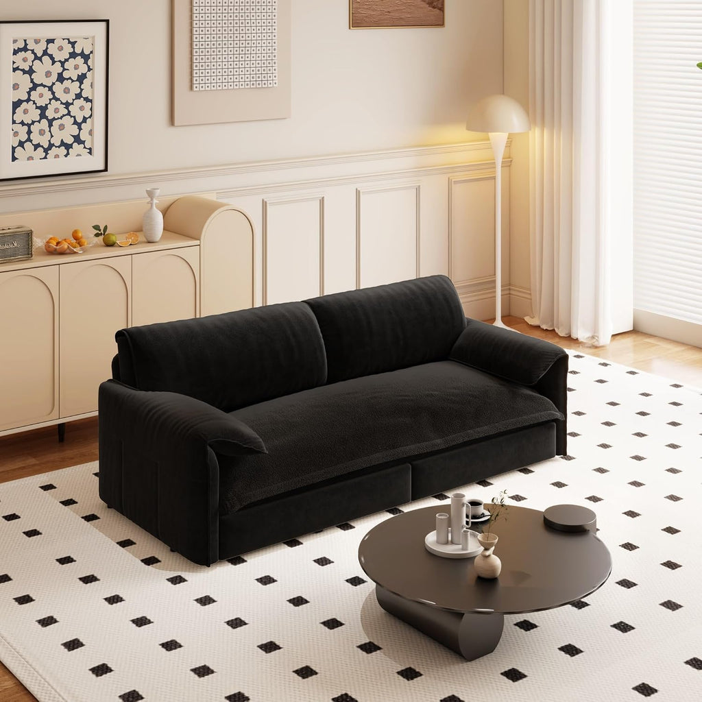 3 in 1 Convertible Queen Sleeper Sofa Bed Comfy Pull Out Futon Couch Bed 66' Modern Velvet Recliner Loveseat Sofa Multi-Functional Black Cloud Couch for Living Room,Apartment,Office (Black 66')