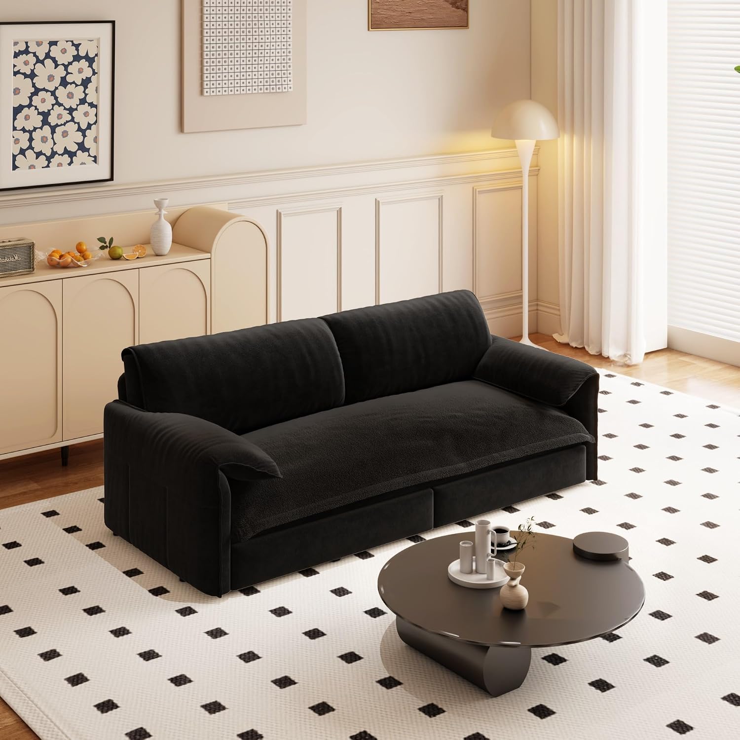 3 in 1 Convertible Queen Sleeper Sofa Bed Comfy Pull Out Futon Couch Bed 66' Modern Velvet Recliner Loveseat Sofa Multi-Functional Black Cloud Couch for Living Room,Apartment,Office (Black 66')