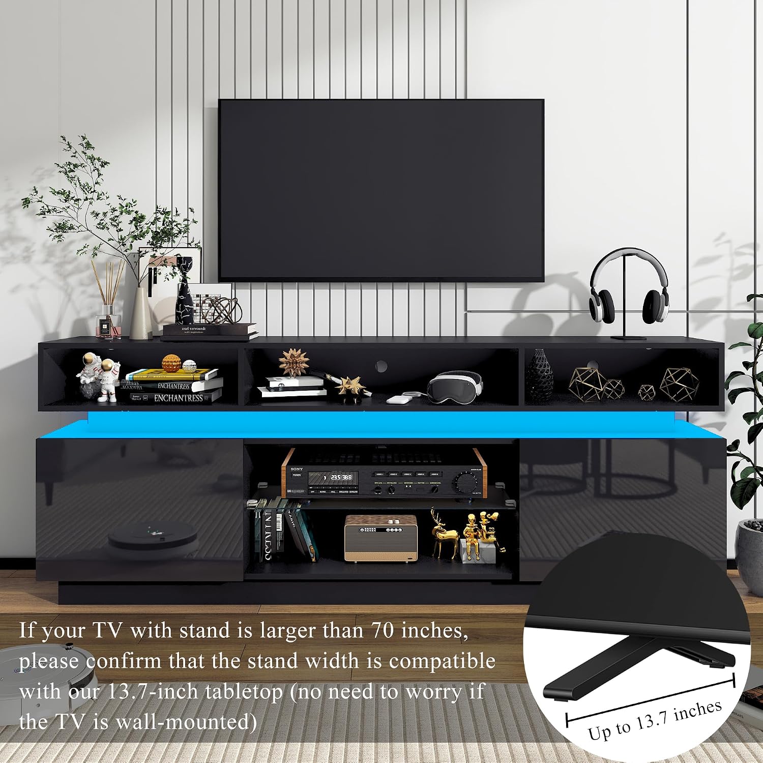 chartustriable LED TV Stand for 80 Inch TV, Modern Tall Entertainment Center with Power Outlets, High Gloss TV Stand, Gaming TV Media Console with Glass Shelf for Living Room, 71 Inch, Black