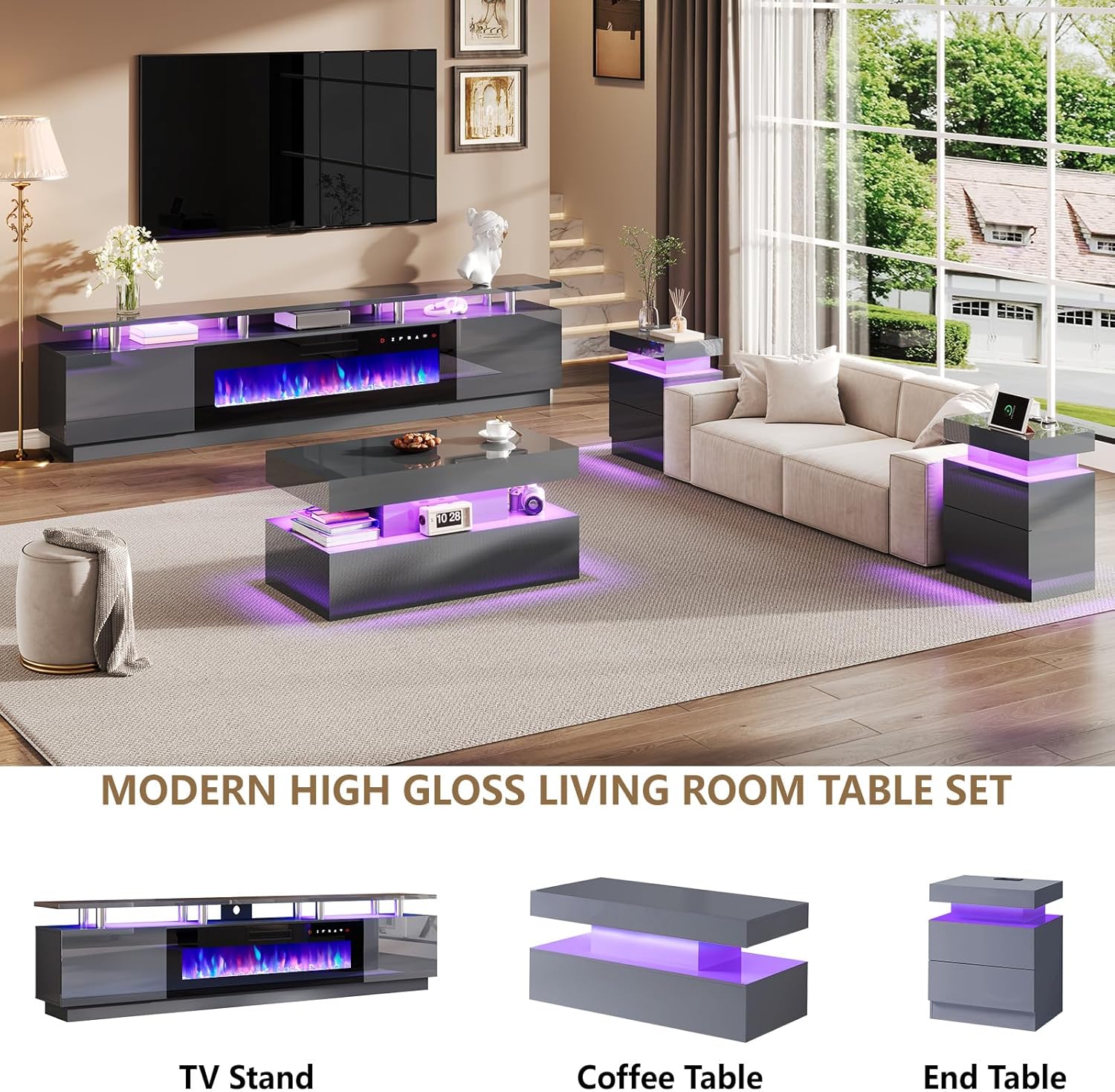 AMERLIFE 90' 2 Tier Fireplace TV Stand with 50' Fireplace, Modern Large Entertainment Center LED Lights, Media Console Table Storage Cabinet for TVs Up to 100', Living Room, Gray