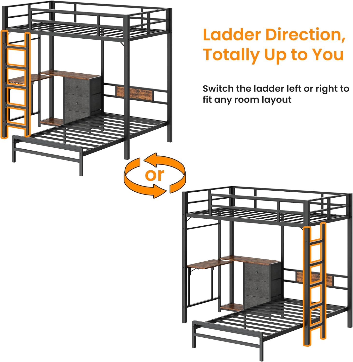 Bellemave Twin Over Twin bunk Bed with Desk and LED Charging Station, loft Bed with Desk and Shelves 3 Storage Drawers, Twin Metal Bunk Beds with Storage, Black